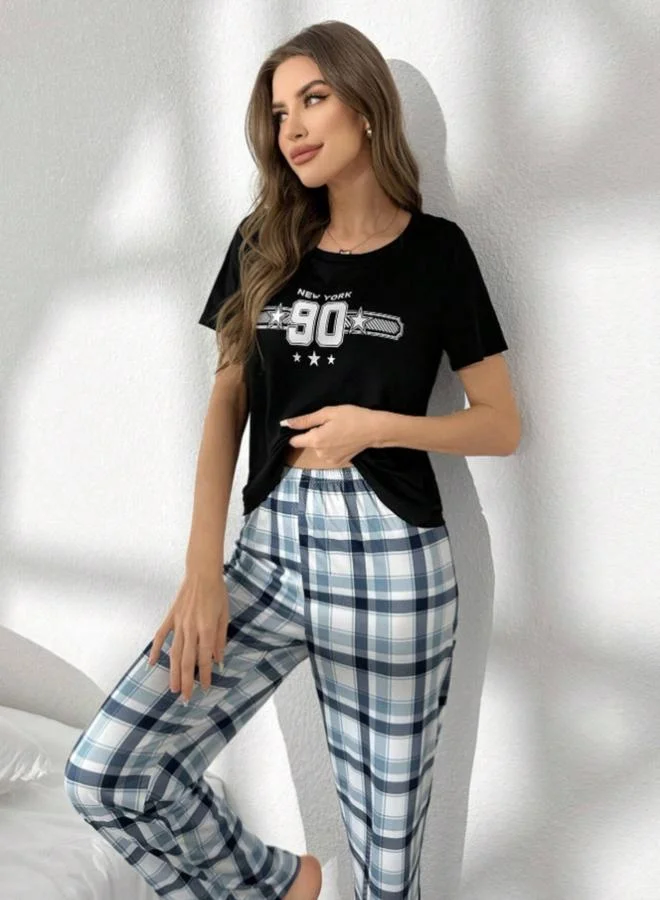 تايك تو طقم تيشيرت وبنطال بيجاما أسود بطبعة جرافيك للنساء